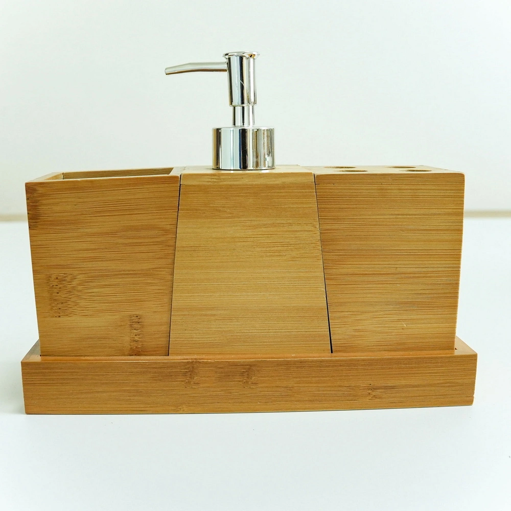Bamboo Bathroom Accessories Set with Trash Can, Soap Dispenser, Toothbrush Holder, and Tray