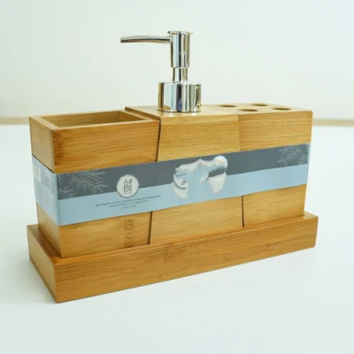 Bamboo Bathroom Accessories Set with Trash Can, Soap Dispenser, Toothbrush Holder, and Tray