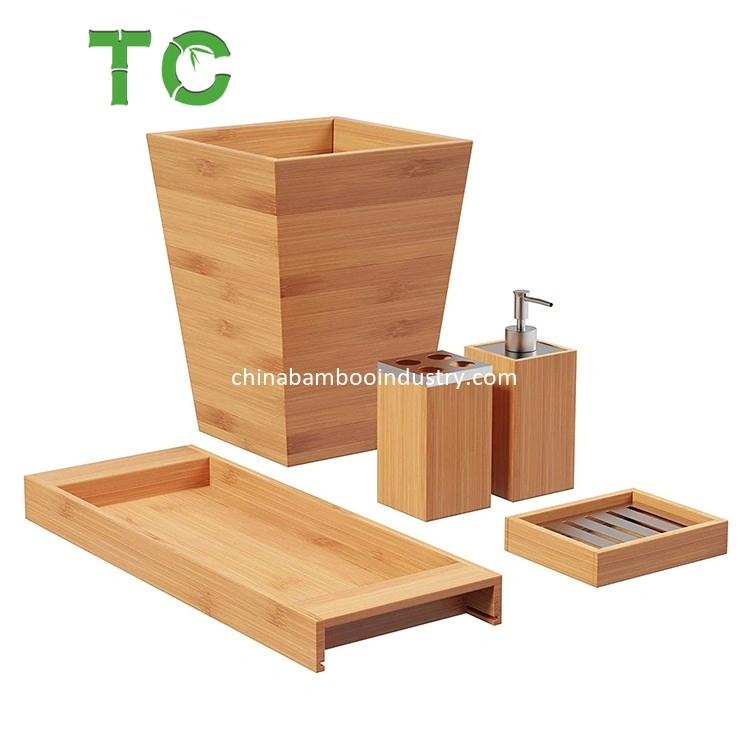 Customized Bamboo Bathroom Accessory Set 5-Piece Accessories Set, Divided Toothbrush Holder, Soap Dispenser, Soap Dish, Trash Bin, Towel Tray Accessories Set