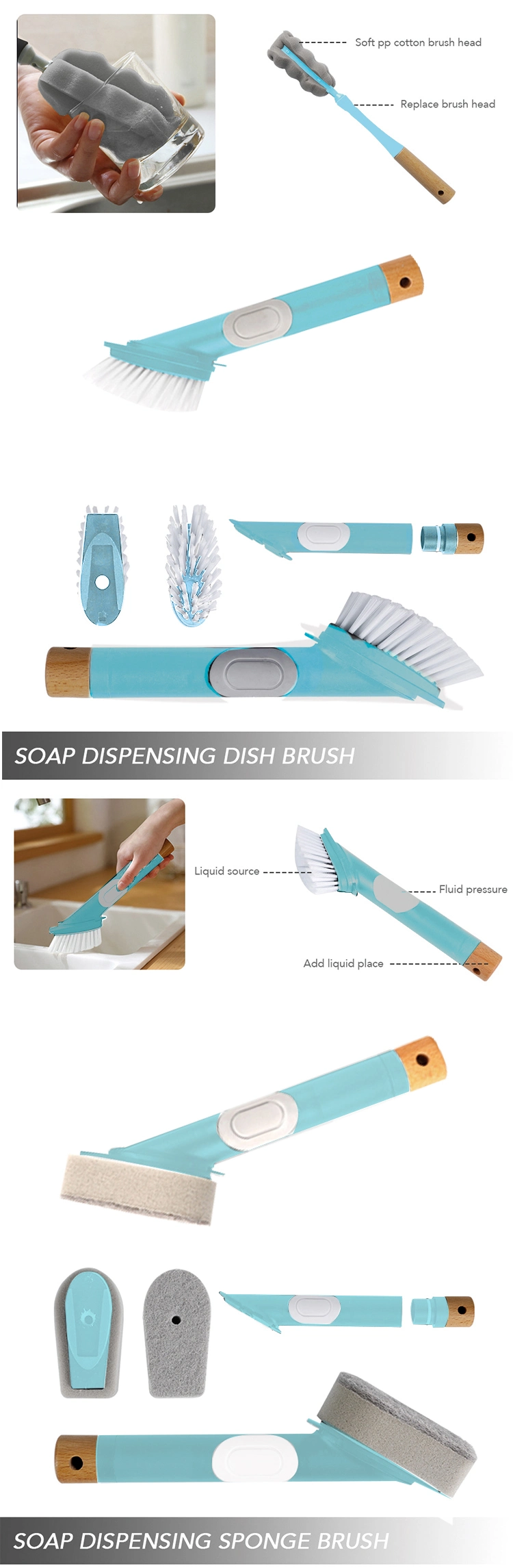 Kitchen Cleaning Tools Long Handle Kitchen Soap Dispenser Cleaning Brushes Set with Removable Dish Brush Head Sponge